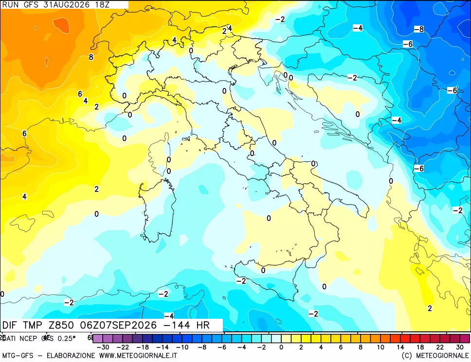 mappa Dif. Temp a 850 hPa Valid - Init