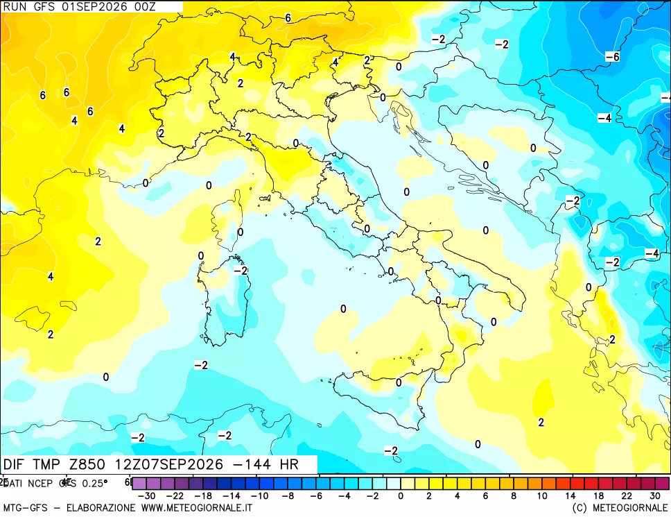 mappa Dif. Temp a 850 hPa Valid - Init