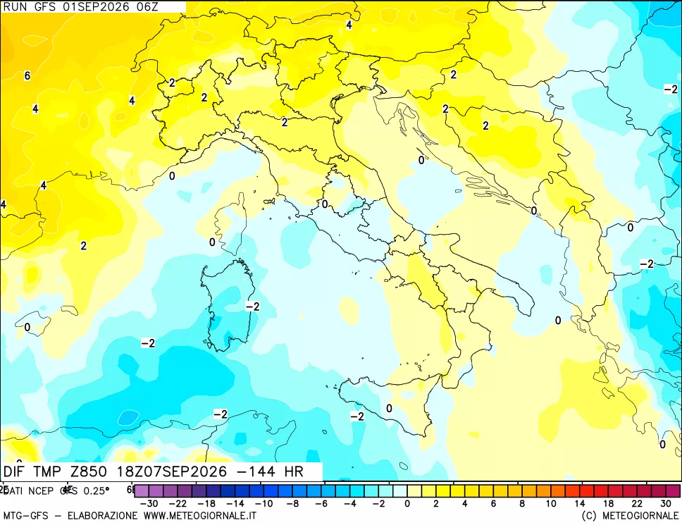 mappa Dif. Temp a 850 hPa Valid - Init