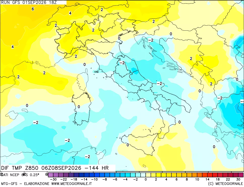 mappa Dif. Temp a 850 hPa Valid - Init