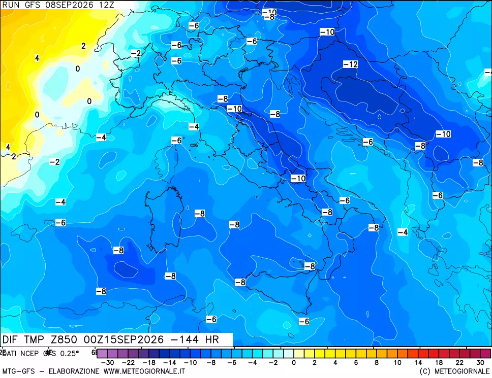 mappa Dif. Temp a 850 hPa Valid - Init