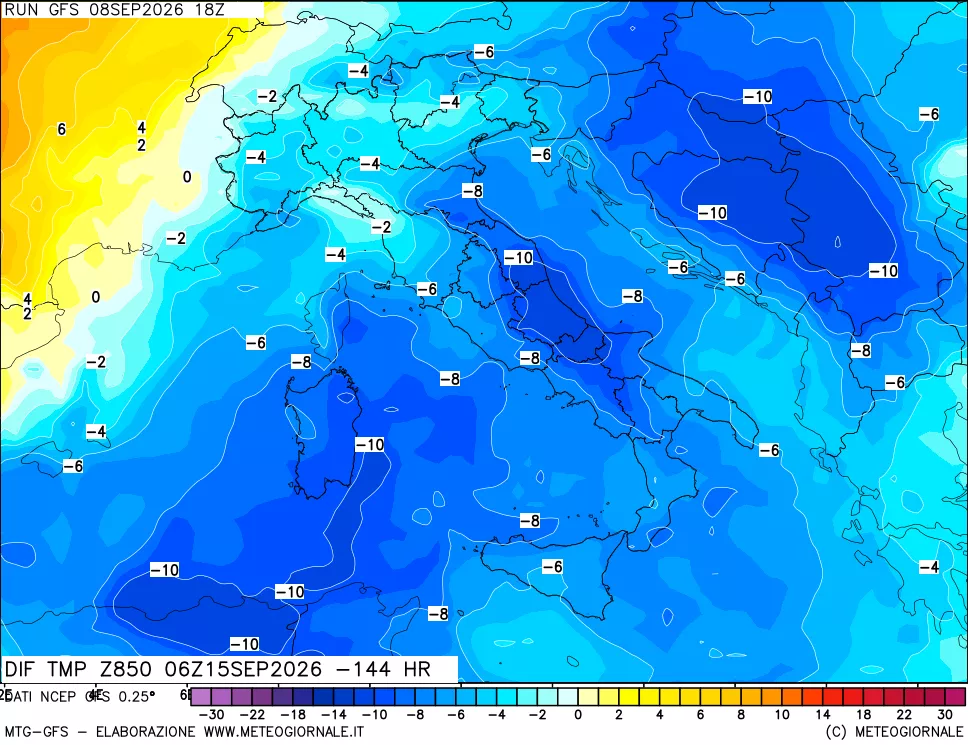 mappa Dif. Temp a 850 hPa Valid - Init