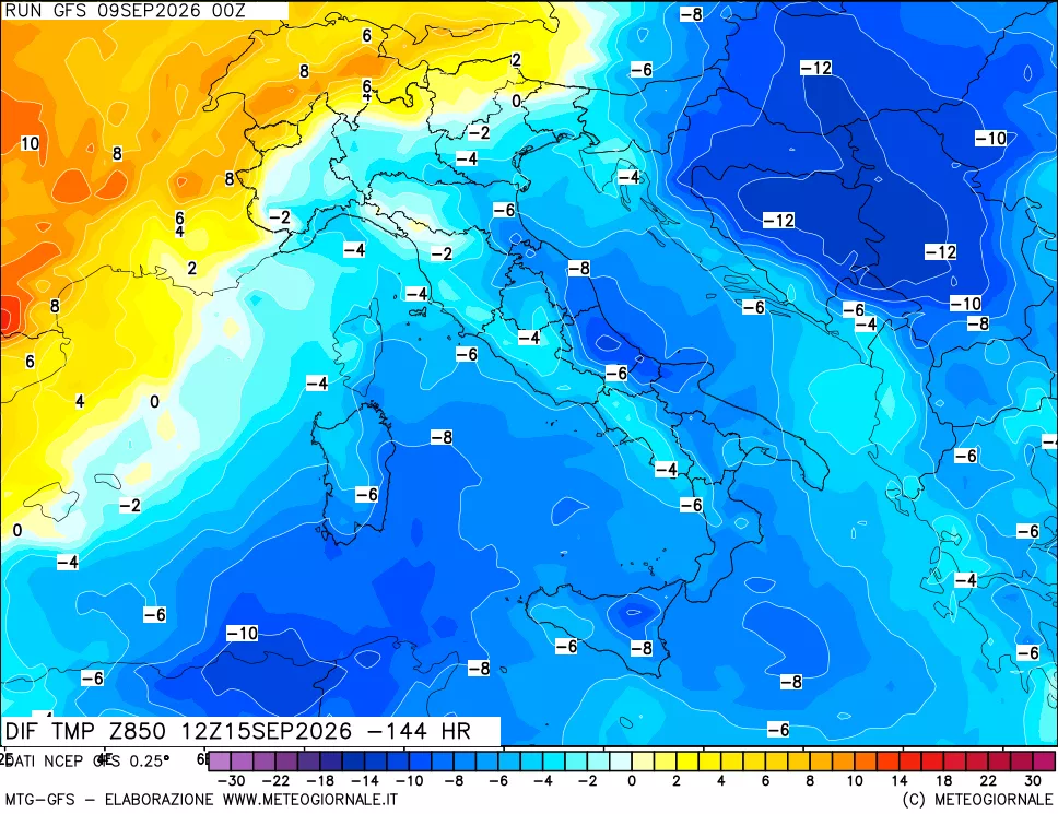 mappa Dif. Temp a 850 hPa Valid - Init