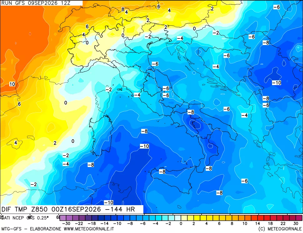 mappa Dif. Temp a 850 hPa Valid - Init