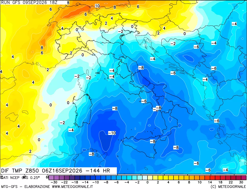 mappa Dif. Temp a 850 hPa Valid - Init