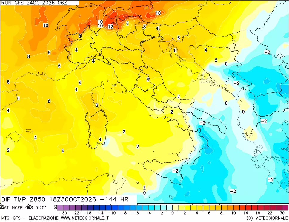 mappa Dif. Temp a 850 hPa Valid - Init