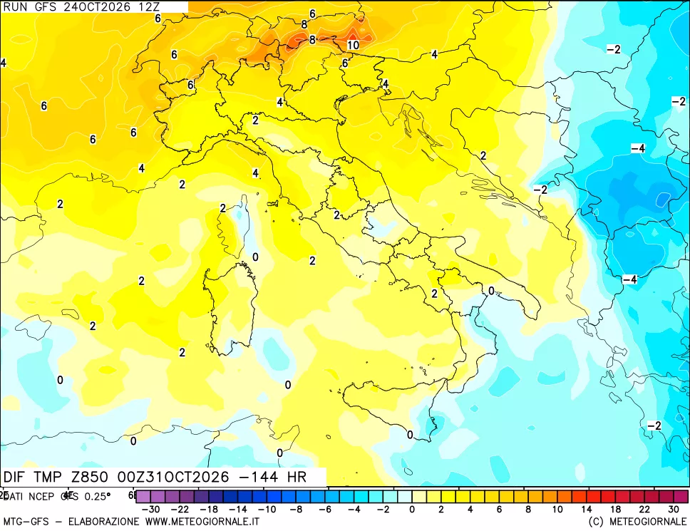 mappa Dif. Temp a 850 hPa Valid - Init