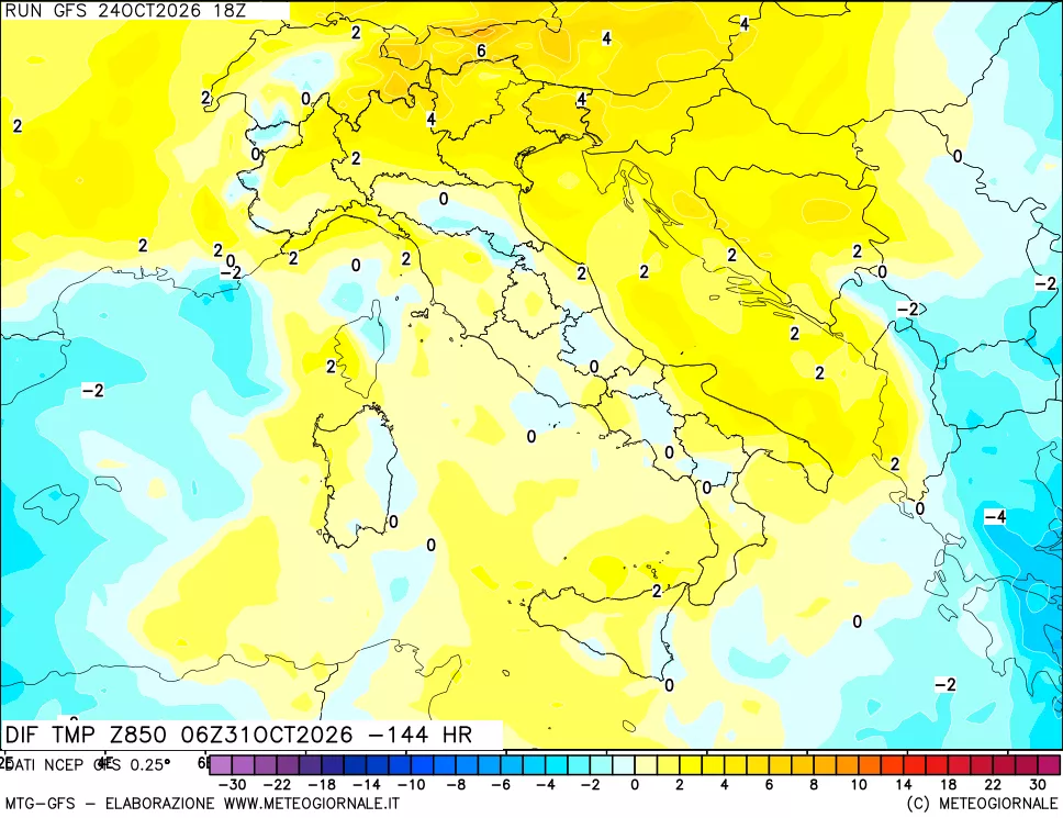 mappa Dif. Temp a 850 hPa Valid - Init