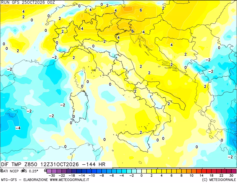 mappa Dif. Temp a 850 hPa Valid - Init