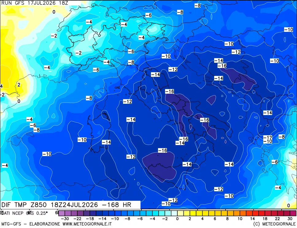 mappa Dif. Temp a 850 hPa Valid - Init