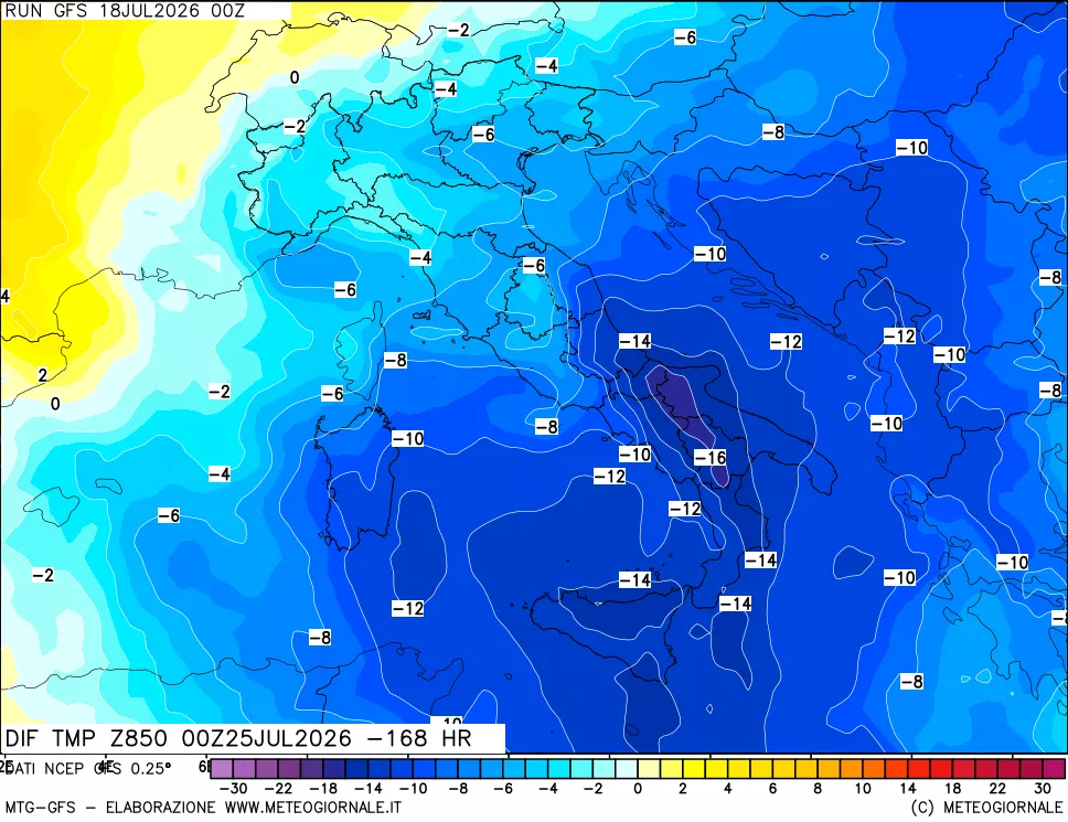 mappa Dif. Temp a 850 hPa Valid - Init