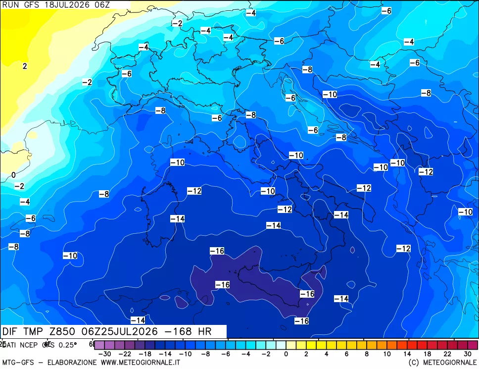 mappa Dif. Temp a 850 hPa Valid - Init