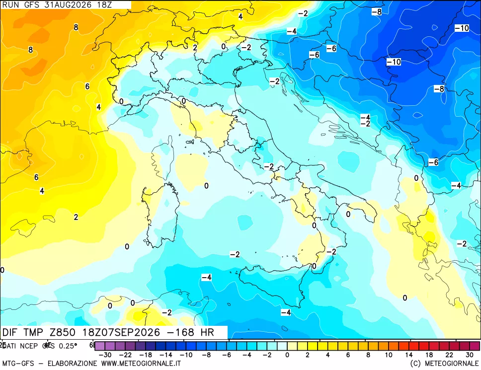 mappa Dif. Temp a 850 hPa Valid - Init