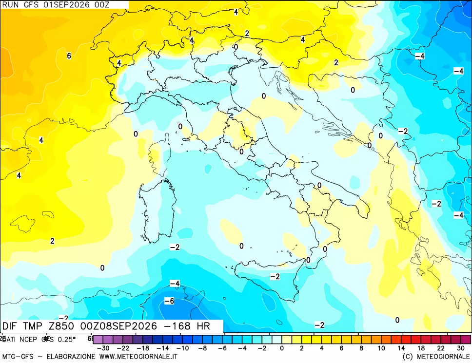 mappa Dif. Temp a 850 hPa Valid - Init