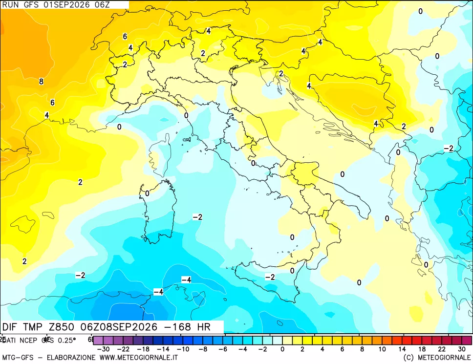 mappa Dif. Temp a 850 hPa Valid - Init
