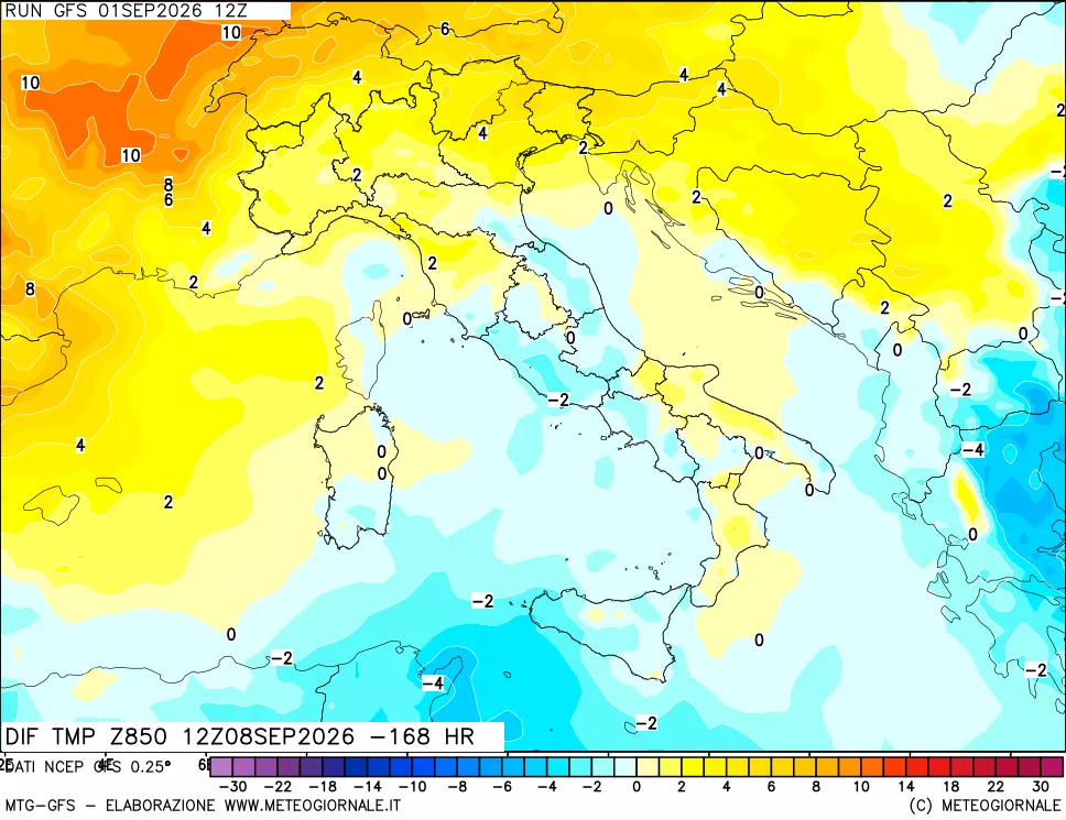 mappa Dif. Temp a 850 hPa Valid - Init