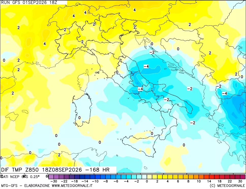 mappa Dif. Temp a 850 hPa Valid - Init