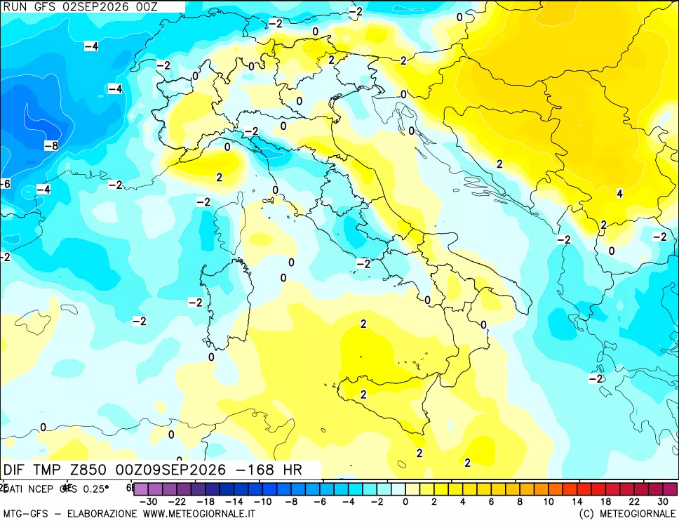 mappa Dif. Temp a 850 hPa Valid - Init