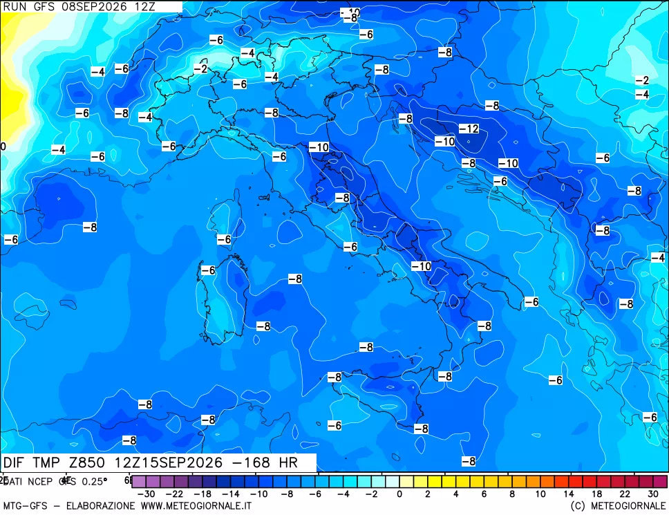 mappa Dif. Temp a 850 hPa Valid - Init