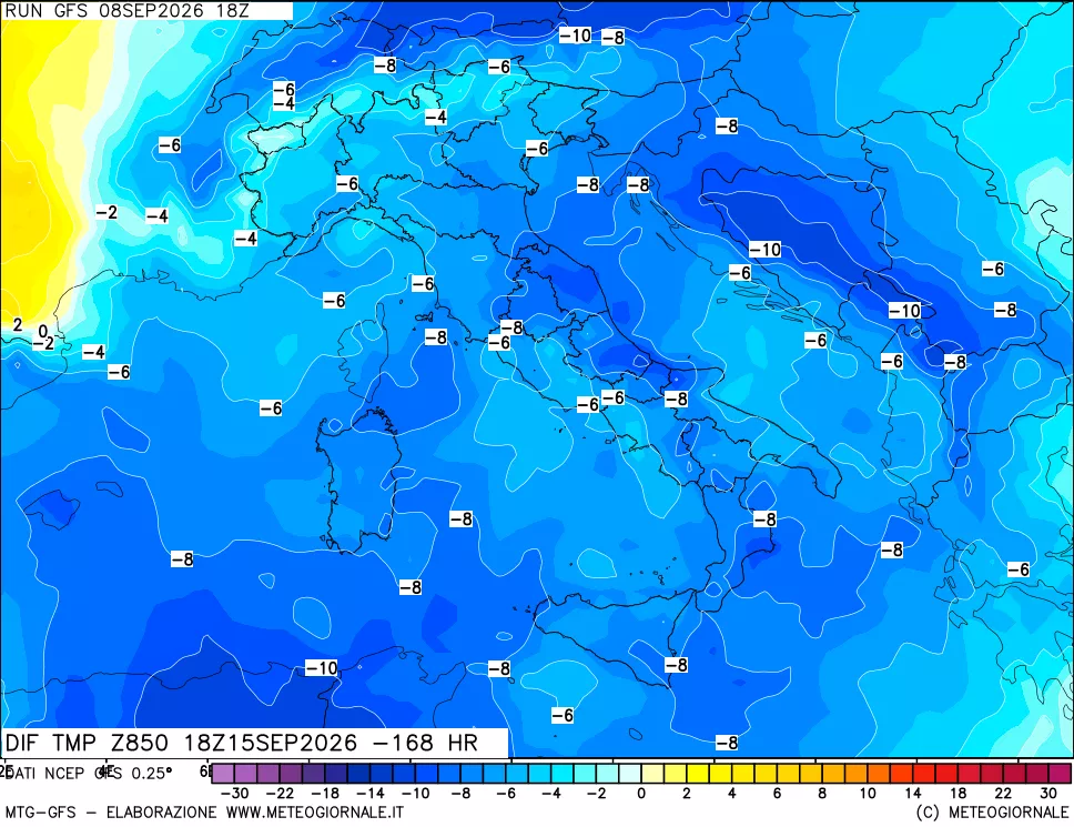 mappa Dif. Temp a 850 hPa Valid - Init