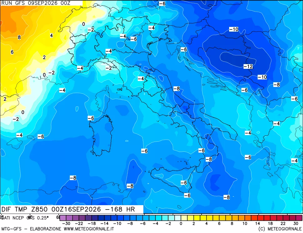 mappa Dif. Temp a 850 hPa Valid - Init