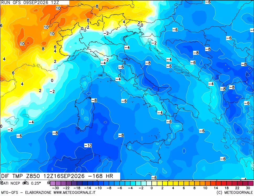 mappa Dif. Temp a 850 hPa Valid - Init