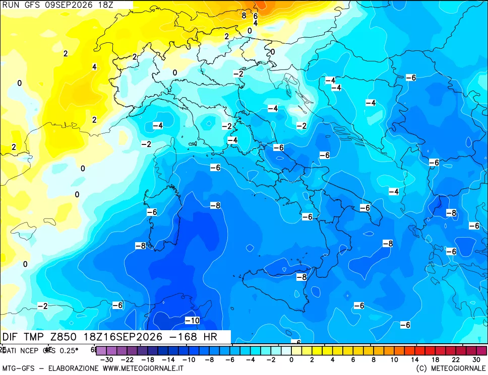 mappa Dif. Temp a 850 hPa Valid - Init