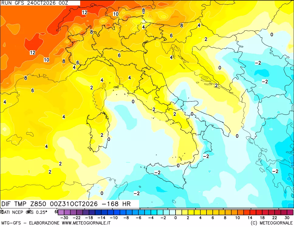 mappa Dif. Temp a 850 hPa Valid - Init