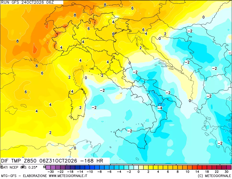 mappa Dif. Temp a 850 hPa Valid - Init