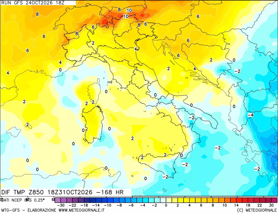 mappa Dif. Temp a 850 hPa Valid - Init