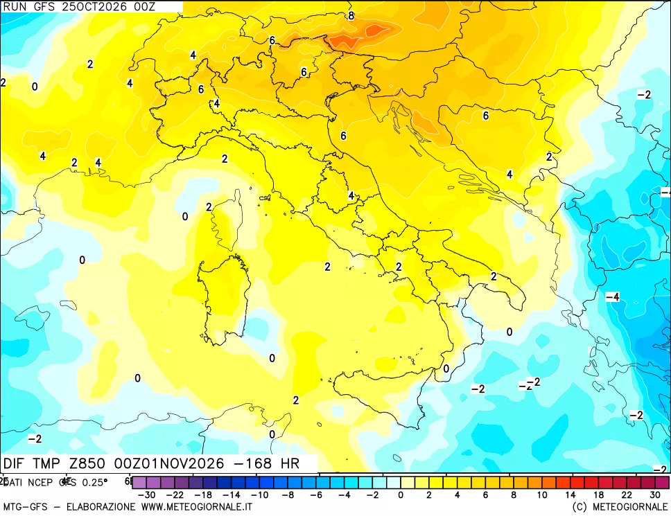 mappa Dif. Temp a 850 hPa Valid - Init
