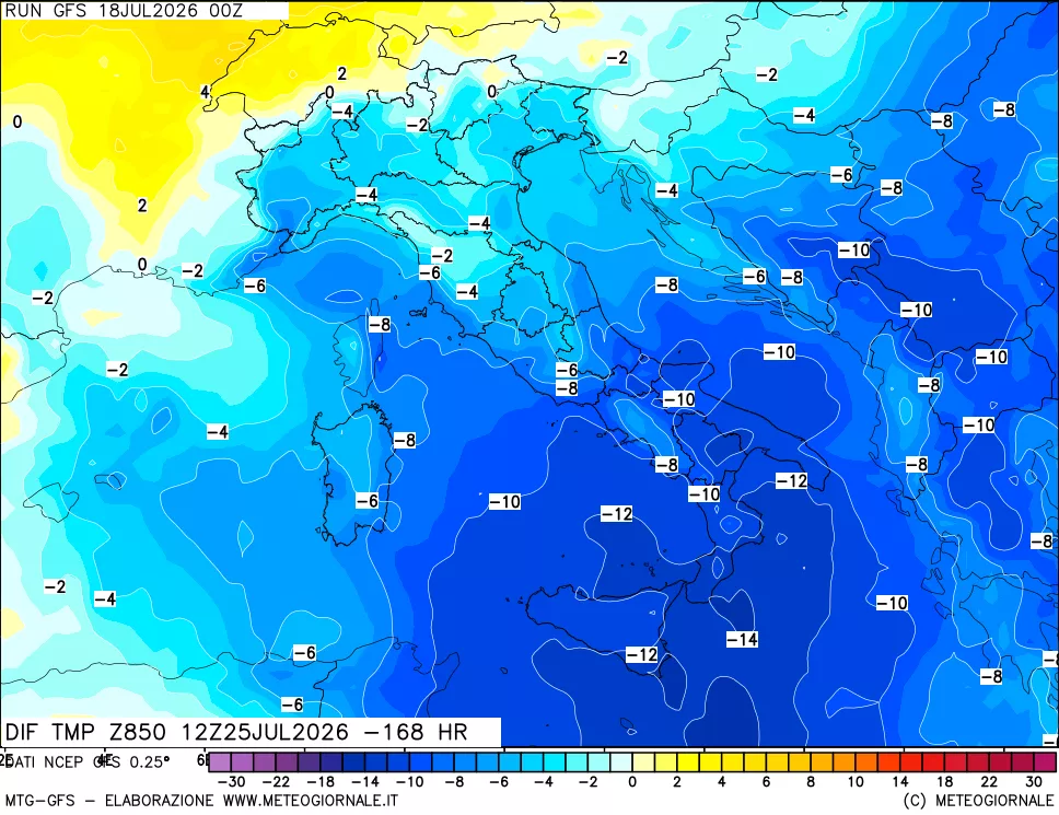 mappa Dif. Temp a 850 hPa Valid - Init