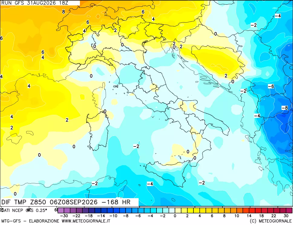 mappa Dif. Temp a 850 hPa Valid - Init
