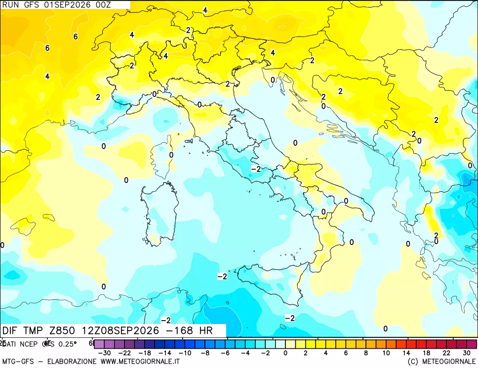 mappa Dif. Temp a 850 hPa Valid - Init