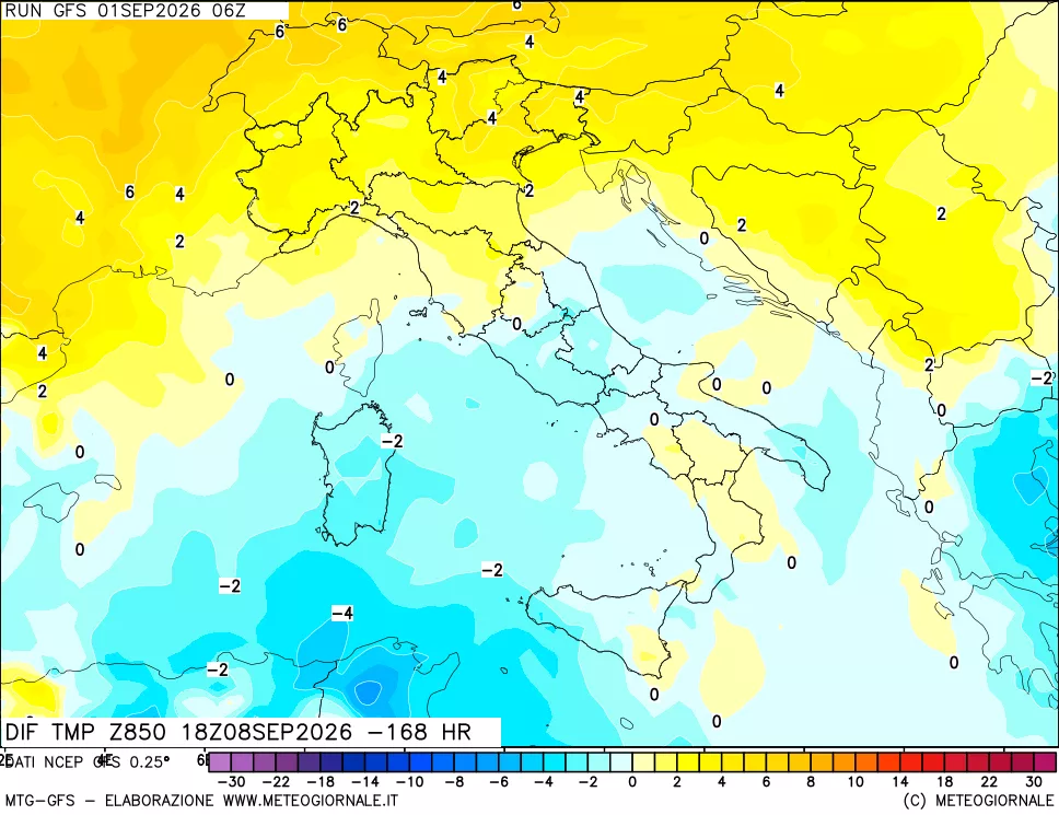 mappa Dif. Temp a 850 hPa Valid - Init