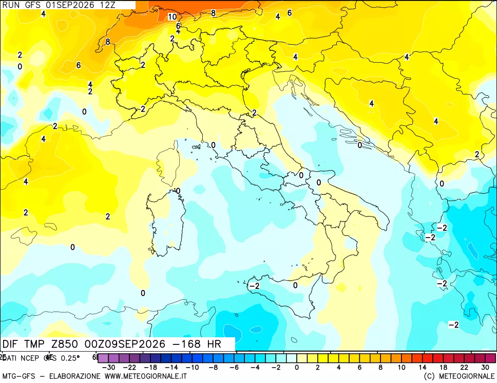 mappa Dif. Temp a 850 hPa Valid - Init