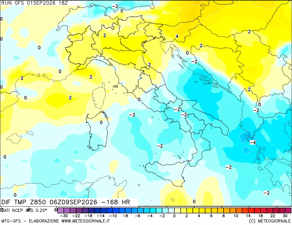 mappa Dif. Temp a 850 hPa Valid - Init