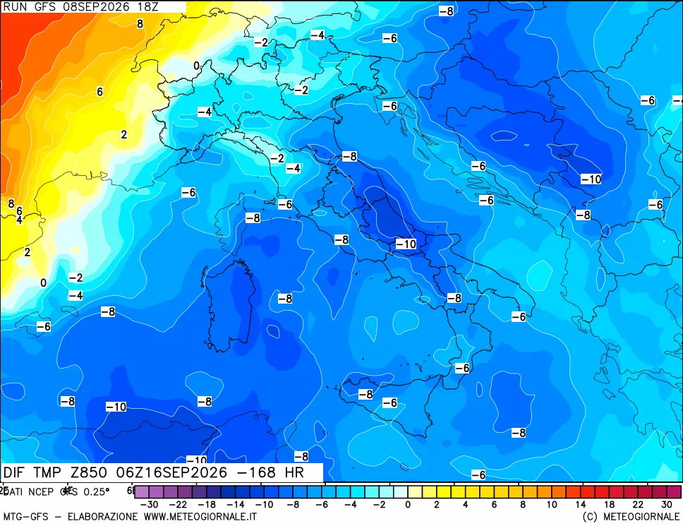 mappa Dif. Temp a 850 hPa Valid - Init