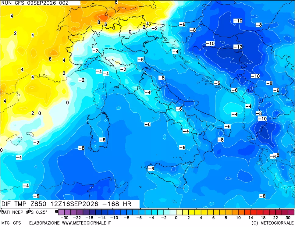 mappa Dif. Temp a 850 hPa Valid - Init