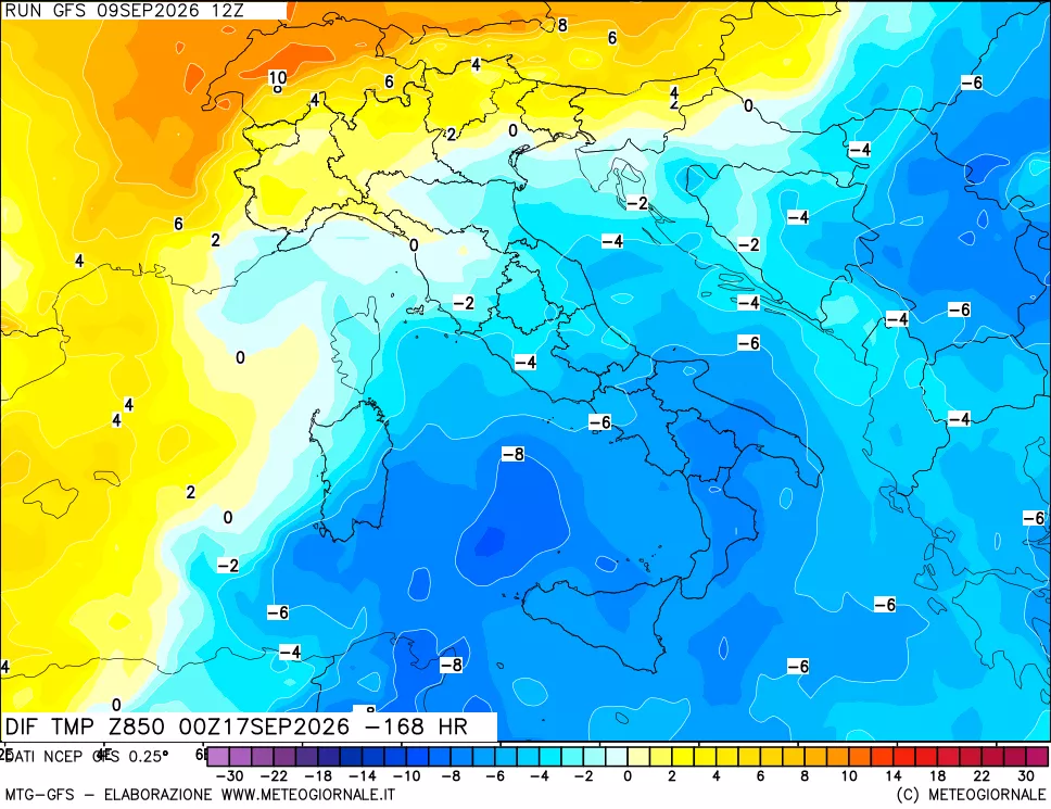 mappa Dif. Temp a 850 hPa Valid - Init