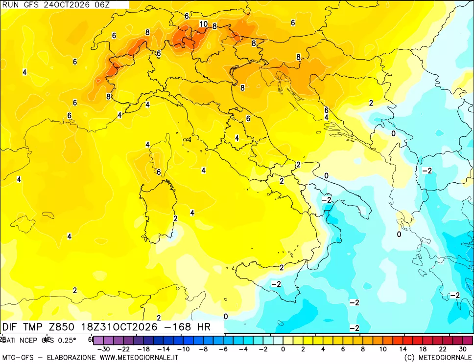 mappa Dif. Temp a 850 hPa Valid - Init