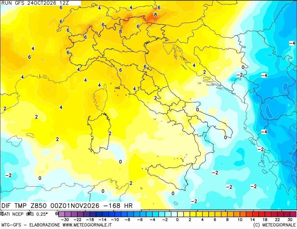 mappa Dif. Temp a 850 hPa Valid - Init