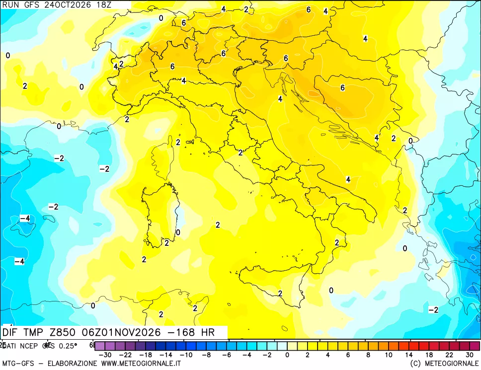 mappa Dif. Temp a 850 hPa Valid - Init