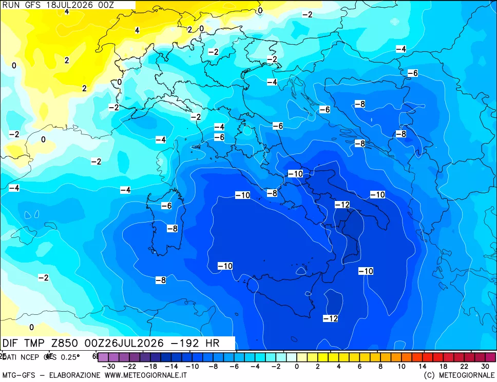 mappa Dif. Temp a 850 hPa Valid - Init
