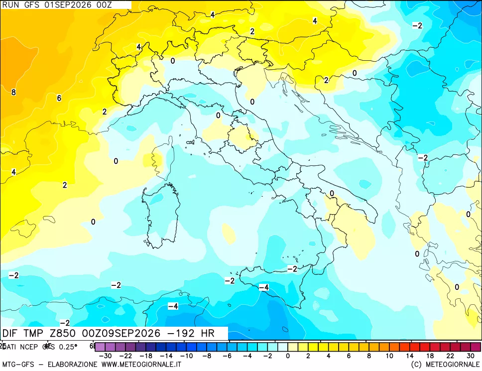 mappa Dif. Temp a 850 hPa Valid - Init