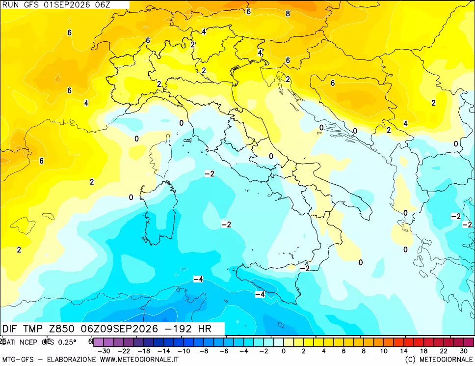 mappa Dif. Temp a 850 hPa Valid - Init