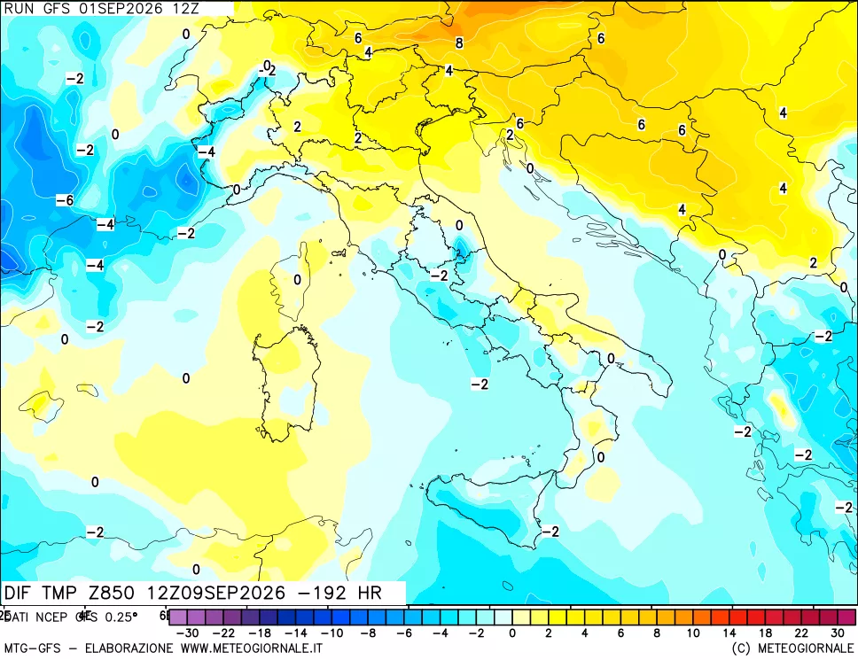 mappa Dif. Temp a 850 hPa Valid - Init