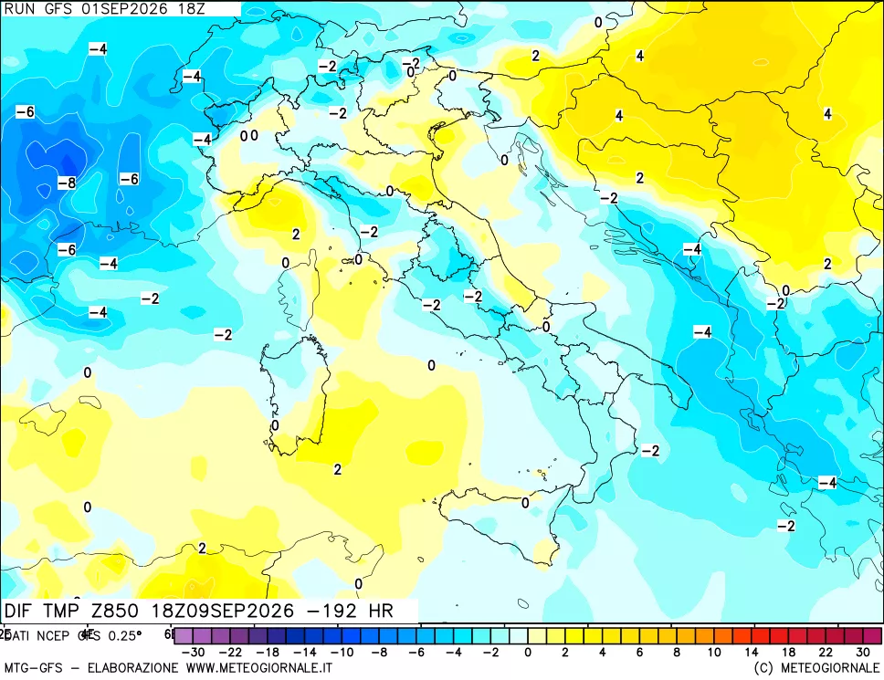 mappa Dif. Temp a 850 hPa Valid - Init