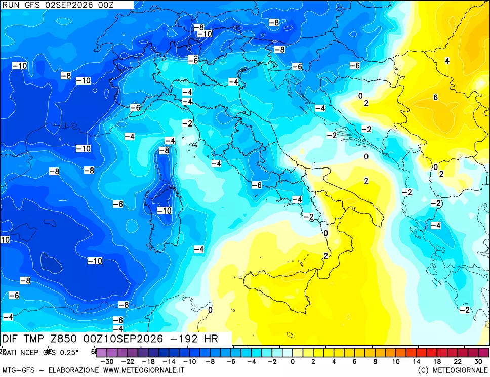 mappa Dif. Temp a 850 hPa Valid - Init