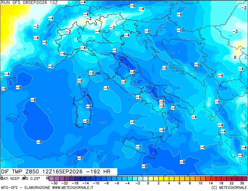 mappa Dif. Temp a 850 hPa Valid - Init